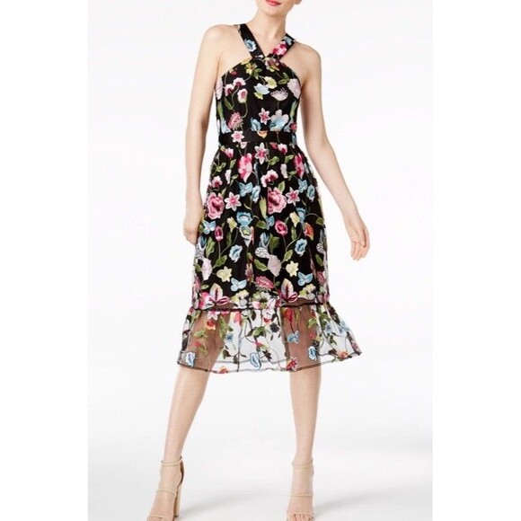 Cynthia Rowley Embroidered Floral Halter Dress Black Pink Size M Elegant - Picture 3 of 14